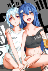 Rule 34 | 2girls, absurdres, aka (hwdllht), alcohol, arm around shoulder, bare shoulders, bili girl 22, bili girl 33, bilibili, blue hair, blush, breasts, cleavage, closed mouth, collarbone, copyright name, crossed legs, cup, drinking glass, drunk, flat chest, heart, heart-shaped pupils, highres, holding, holding cup, holding drinking glass, long hair, looking at viewer, medium breasts, multiple girls, navel, one eye closed, open mouth, red eyes, short hair, short ponytail, side ponytail, sitting, smile, symbol-shaped pupils