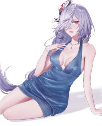 Rule 34 | 1girl, arm support, bare legs, blue dress, blue eyes, blue nails, breasts, cleavage, collarbone, dress, genshin impact, hair over one eye, highres, ira town, jewelry, leaning to the side, long hair, looking at viewer, low-tied long hair, medium breasts, nail polish, parted lips, pendant, ponytail, ring, shenhe (genshin impact), short dress, silver hair, simple background, sitting, sleeveless, sleeveless dress, solo, very long hair, white background