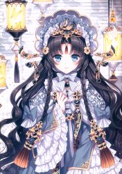 Rule 34 | 1girl, absurdres, animal print, black hair, blue eyes, blush, bow, bowtie, braid, bug, butterfly, butterfly print, detached sleeves, dress, frills, front braid, hair ornament, headdress, highres, huge filesize, insect, lantern, lips, long dress, long hair, long sleeves, looking at viewer, nardack, non-web source, original, page number, scan, side braid, solo, twin braids, wide sleeves