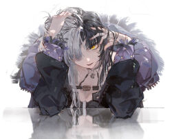 Rule 34 | 1girl, black hair, coat, dino (dinoartforame), fur trim, grey hair, hair over one eye, hand to head, highres, holoadvent, hololive, hololive english, looking at viewer, multicolored hair, parted lips, shiori novella, shiori novella (1st costume), simple background, solo, two-tone hair, upper body, virtual youtuber, white background, yellow eyes