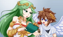 Rule 34 | 1boy, 1girl, ancient greek clothes, angel wings, armlet, bare shoulders, blue eyes, bracer, breasts, brown hair, chiton, circlet, cleavage, collarbone, dress, forehead jewel, gold choker, green eyes, green hair, handheld game console, highres, holding, holding handheld game console, jewelry, kid icarus, kid icarus uprising, large breasts, laurel crown, long hair, meulahke, neck ring, nintendo, nintendo 3ds, palutena, parted bangs, pendant, pit (kid icarus), strapless, strapless dress, v-shaped eyebrows, vambraces, very long hair, white dress, wings