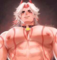 Rule 34 | 1boy, absurdres, alternate muscle size, alternate pectoral size, arataki itto, bara, blush, body markings, bodypaint, collar, forked eyebrows, from below, genshin impact, highres, horns, large pectorals, long hair, male focus, muscular, muscular male, necklace between pecs, nipples, nude, oni, oni horns, pectoral focus, pectorals, red eyes, red horns, smug, solo, upper body, varant art, white hair