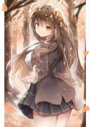Rule 34 | 1girl, ahoge, bag, black skirt, brown eyes, brown hair, brown jacket, closed mouth, commentary request, cowboy shot, floating hair, forest, from behind, hair between eyes, highres, hiromaster sinta jh, jacket, leaf, long hair, long sleeves, looking at viewer, looking back, miniskirt, nature, open clothes, open jacket, original, outdoors, outstretched arm, pillarboxed, pleated skirt, shirt, shoulder bag, skirt, smile, solo, standing, tree, very long hair, white shirt