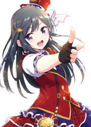 Rule 34 | 1girl, black eyes, black gloves, black hair, blush, chase (love live!), commentary request, dress, fingerless gloves, gloves, hair ornament, hat, long hair, looking at viewer, love live!, love live! nijigasaki high school idol club, love live! school idol festival, marugoshi (54burger), open mouth, red dress, red hat, short sleeves, simple background, skirt, smile, solo, white background, yuki setsuna (love live!)