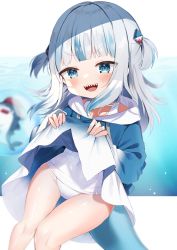 Rule 34 | 1girl, :d, animal hood, bloop (gawr gura), blue eyes, blue hair, blue hoodie, blunt bangs, blush, breasts, clothes lift, eyes visible through hair, fangs, feet out of frame, female focus, fins, fish tail, gawr gura, grey hair, hair ornament, highres, hololive, hololive english, hood, hoodie, hoodie lift, lifting own clothes, long hair, long sleeves, looking at viewer, multicolored hair, noi mine, old school swimsuit, one-piece swimsuit, open mouth, school swimsuit, shark girl, shark hair ornament, shark hood, shark tail, sharp teeth, small breasts, smile, solo, streaked hair, swimsuit, swimsuit under clothes, tail, teeth, two side up, upper teeth only, virtual youtuber, white hair, white one-piece swimsuit, white school swimsuit