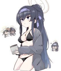 Rule 34 | 2girls, absurdres, bikini, black bikini, black hair, blue archive, blue eyes, blue hair, blue hairband, breasts, chibi, cleavage, closed mouth, commentary request, cropped legs, cup, gradient hair, grey jacket, hairband, halo, highres, hinata (blue archive), hinata (swimsuit) (blue archive), holding, holding cup, jacket, long hair, long sleeves, medium breasts, mug, multicolored hair, multiple girls, ooyama imo, open clothes, open jacket, ponytail, simple background, sleeves past wrists, solo focus, sweat, swimsuit, ui (blue archive), ui (swimsuit) (blue archive), very long hair, white background