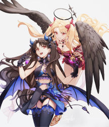 Rule 34 | 2girls, bare shoulders, bat wings, black hair, black halo, black wings, blonde hair, blush, bow, breasts, dark halo, demon girl, ereshkigal (fate), fate/grand order, fate (series), feathered wings, hair bow, halloween costume, halo, halterneck, highres, ishtar (fate), long hair, medium breasts, multiple girls, parted bangs, red bow, red eyes, siya ho, thighhighs, thighs, two side up, wings