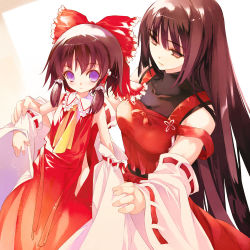 Rule 34 | 2girls, age difference, ascot, bare shoulders, black eyes, black hair, blue eyes, bow, breasts, detached sleeves, dressing, empty eyes, female focus, hair bow, hakama, hakama skirt, hakurei reimu, japanese clothes, jun keiichi, large breasts, long hair, m.u.g.e.n, miko, mother and daughter, multiple girls, nontraditional miko, original, purple eyes, red hakama, sendai hakurei no miko, short hair, skirt, sumi keiichi, touhou, very long hair, aged down