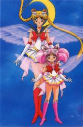 Rule 34 | 1990s (style), 2girls, age difference, bishoujo senshi sailor moon, blonde hair, blue eyes, boots, brooch, chibi usa, choker, cone hair bun, crescent moon, double bun, elbow gloves, floating hair, full body, gloves, hair bun, heart, heart brooch, heart choker, height difference, jewelry, knee boots, long hair, looking at viewer, magical girl, miniskirt, moon, mother and daughter, multiple girls, official art, pink hair, pleated skirt, red eyes, retro artstyle, sailor chibi moon, sailor moon, sailor senshi, skirt, sky, standing, star (sky), starry sky, super sailor chibi moon, super sailor moon, tsukino usagi, twintails, very long hair, wings