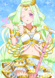 Rule 34 | 1girl, armlet, bare shoulders, blowing kiss, blue background, commission, cowboy shot, cropped shirt, forehead jewel, gold trim, green hair, hands up, head chain, headphones, heart, holding, holding microphone, jewelry, jewlie (pripara), jinno (jin c kkry), layered skirt, long hair, looking at viewer, low-tied long hair, microphone, microphone stand, navel, necklace, one eye closed, open mouth, pretty series, pripara, purple eyes, shirt, skeb commission, skirt, solo, standing, very long hair, white shirt, white skirt