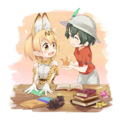 Rule 34 | 10s, 2girls, :d, ^ ^, animal ears, asutora, bare shoulders, blonde hair, book, book stack, bow, bowtie, bucket hat, closed eyes, commentary, elbow gloves, gloves, green hair, hat, hat feather, high-waist skirt, kaban (kemono friends), kemono friends, looking at another, multiple girls, open book, open mouth, origami, paper crane, print bow, print gloves, print skirt, red shirt, serval (kemono friends), serval print, shirt, short hair, skirt, sleeveless, sleeveless shirt, smile, table, white shirt, yellow eyes