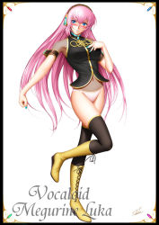 Rule 34 | 1girl, black thighhighs, blue eyes, blush, boots, breasts, character name, covered erect nipples, cross-laced footwear, full body, hand on own chest, headphones, lace-up boots, long hair, medium breasts, megurine luka, nail polish, navel, panties, pantyshot, pink hair, signature, skirt, unworn skirt, solo, standing, standing on one leg, takatan, thighhighs, underwear, very long hair, vocaloid, white background