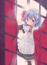 Rule 34 | 1girl, :o, alternate costume, aogiri sei, apron, bat wings, black dress, black pantyhose, blue hair, bow, bowtie, collarbone, curtains, detached collar, dress, enmaided, eyebrows, hair ribbon, indoors, looking at viewer, maid, maid headdress, open mouth, pantyhose, pointy ears, puffy short sleeves, puffy sleeves, red bow, red bowtie, red eyes, red ribbon, remilia scarlet, ribbon, short hair, short sleeves, solo, tareme, touhou, walking, white apron, window, wings
