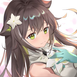 Rule 34 | 1girl, :3, animal ears, aqua gloves, arknights, bare shoulders, black necktie, breasts, brown hair, flower, folinic (arknights), gloves, green eyes, hair flower, hair ornament, hand on own chest, hand up, highres, long hair, looking at viewer, medium breasts, necktie, shirt, sidelocks, sleeveless, sleeveless shirt, solo, somna, white flower, white shirt