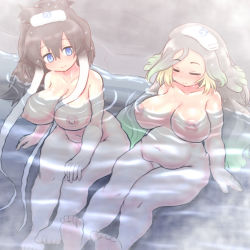 Rule 34 | 2girls, barefoot, bathing, belly, blonde hair, blue eyes, breasts, brown hair, closed mouth, collarbone, completely nude, empty eyes, closed eyes, feet out of frame, green hair, grey hair, hair between eyes, highres, inverted nipples, japari symbol, kemono friends, large breasts, long hair, looking at another, looking at viewer, mammoth (kemono friends), mo23, multicolored hair, multiple girls, navel, nipples, nude, onsen, partially submerged, plump, sitting, smile, steam, stomach, toes, towel, towel on head, two-tone hair, very long hair, walrus (kemono friends), water, wet, wet face, wet hair, white hair