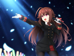 Rule 34 | &gt;:d, 1girl, :d, ahoge, black pantyhose, black skirt, black suit, breasts, brown hair, buttons, commentary, confetti, cowboy shot, double-breasted, formal, gloves, glowing, glowstick, healther, highres, holding, holding microphone, huge ahoge, legs apart, light beam, long hair, long sleeves, looking away, medium breasts, microphone, military, necktie, night, night sky, open mouth, original, outstretched arm, pantyhose, pencil skirt, red eyes, side slit, skirt, sky, smile, solo, star (sky), starry sky, suit, v-shaped eyebrows, white gloves
