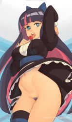 Rule 34 | 1girl, black dress, blue eyes, blue hair, blunt bangs, breasts, candy, cowboy shot, dark blue hair, dress, female pubic hair, food, juliet sleeves, large breasts, licking, lollipop, long hair, long sleeves, looking at viewer, multicolored hair, navel, no panties, open mouth, panty &amp; stocking with garterbelt, pink hair, pubic hair, puffy sleeves, single thighhigh, solo, squeezable (squeezabledraws), stocking (psg), striped clothes, striped thighhighs, teeth, thighhighs, tongue, tongue out, two-tone hair, upper teeth only