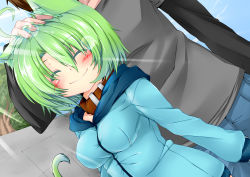 Rule 34 | 1girl, ^ ^, absurdres, animal ears, blush, breasts, cat ears, cat tail, closed eyes, collar, dodome-iro mayonnaise, closed eyes, green hair, hand in own hair, highres, hood, hoodie, original, headpat, sharon (dodomayo), smile, solo focus, sunlight, tail