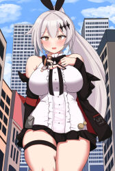 Rule 34 | 2girls, bare shoulders, black jacket, black skirt, black thighhighs, blue bow, blue eyes, blue sky, bow, breasts, brown eyes, brown hair, building, city, cleavage, cloud, commission, day, dress, fal (girls&#039; frontline), five-seven (girls&#039; frontline), giant, giantess, girls&#039; frontline, hair bow, hair ornament, highres, jacket, large breasts, light blush, long hair, multiple girls, open mouth, outdoors, ponytail, shirt, side ponytail, single thighhigh, size difference, skeb commission, skirt, sky, sleeveless, sleeveless shirt, smile, sukoyugiri, thigh strap, thighhighs, very long hair, white dress, white shirt