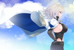 Rule 34 | 1girl, armband, azur lane, belt, black gloves, blue eyes, blue sky, breasts, closed mouth, commentary request, coquelicot (sakura taisen), cross, cross necklace, day, elbow gloves, from side, gloves, grey hair, hajika, hands on own hips, jacket, jacket on shoulders, jewelry, large breasts, looking away, necklace, profile, sideboob, sky, smile, solo, star (symbol), washington (azur lane)