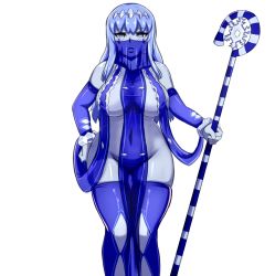 Rule 34 | 1girl, adapted costume, bare shoulders, blue eyes, blue hair, blue skin, blue thighhighs, breasts, cleavage, colored skin, commentary, covered erect nipples, detached sleeves, elemental (creature), facial mark, gluteal fold, hand on own hip, highres, holding, holding staff, ice elemental, ice queen (monster girl encyclopedia), large breasts, long hair, looking at viewer, monster girl encyclopedia, nav (itsnav), navel, parted lips, revealing clothes, see-through, simple background, skindentation, solo, staff, thigh gap, thighhighs, veil, white background