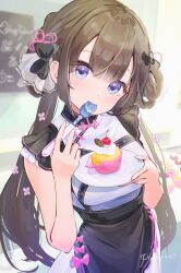 Rule 34 | 1girl, apron, blush, bow, brown hair, cherry, cupcake, dress, eating, food, fruit, hair bow, hair rings, highres, holding, holding plate, holding spoon, long hair, looking at viewer, low twintails, original, plate, pokunoe, purple eyes, short sleeves, solo, spoon, twintails, very long hair, waist apron