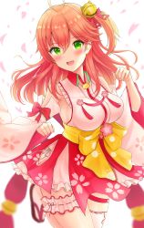 Rule 34 | 1girl, :d, absurdres, ahoge, bell, breasts, cherry blossom print, clenched hand, detached sleeves, fang, floral print, green eyes, hair bell, hair between eyes, hair ornament, hair ribbon, highres, hololive, japanese clothes, large breasts, leg up, long hair, looking at viewer, open mouth, pink hair, ribbon, sakura miko, sakura miko (1st costume), sandals, side ponytail, smile, solo, tomori meme, virtual youtuber, wide sleeves