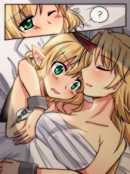 Rule 34 | 2girls, ?, amagumo, arm around neck, blonde hair, blush, breasts, cleavage, closed eyes, commentary request, cuffs, green eyes, hair between eyes, horns, hoshiguma yuugi, long hair, medium breasts, mizuhashi parsee, multiple girls, one eye closed, open mouth, pointy ears, red horns, sarashi, short hair, single horn, spoken question mark, surprised, touhou, upper body, yuri