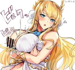 Rule 34 | 1boy, 1girl, azur lane, bar censor, blonde hair, blue eyes, blush, breasts, breasts squeezed together, censored, chain, commentary request, crossed arms, cum, cum on body, cum on breasts, cum on upper body, dated, ejaculation, eyelashes, floating hair, flower ornament, hair ornament, kurokawa otogi, large breasts, laurel crown, long hair, looking at viewer, open mouth, out of frame, paizuri, penis, ribbon, upper body, veil, very long hair, victorious (azur lane), wrist ribbon