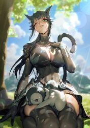 Rule 34 | 1girl, animal ears, bird, black gloves, black hair, blurry, blurry background, boots, breasts, cat ears, cat tail, cleavage, commission, covered navel, day, earrings, final fantasy, final fantasy xiv, gloves, green eyes, highres, hip armor, huge breasts, jewelry, kionaoki, kneeling, large breasts, long hair, miqo&#039;te, one eye closed, outdoors, penguin, slit pupils, solo, sweat, tail, thigh boots, warrior of light (ff14)