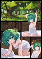Rule 34 | 1girl, 999 (hansode), ?, antennae, barefoot, black border, blue sky, blush, border, camisole, closed eyes, closed mouth, commentary request, day, door, expressionless, flat chest, full body, green eyes, green hair, highres, indoors, medium bangs, multiple views, pillow, pixel art, profile, short hair, sitting, sky, spaghetti strap, touhou, wariza, white camisole, wriggle nightbug