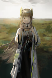 Rule 34 | 1girl, absurdres, arknights, camera, chinese commentary, closed mouth, coat, commentary, elf, green eyes, green hair, green shirt, highres, holding, holding camera, laurel crown, lemtun, long hair, looking at viewer, mole, mole under eye, muelsyse (arknights), one eye closed, open clothes, open coat, outdoors, pointy ears, rhine lab logo, shirt, solo, very long hair, white coat