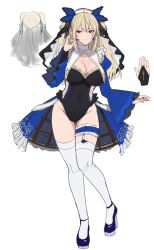 Rule 34 | 1girl, absurdres, protagonist (pso2), black gloves, black leotard, blonde hair, blue footwear, breasts, bridal garter, bridal gauntlets, character sheet, cleavage, closed mouth, commission, covered navel, cross, earrings, flat color, full body, gloves, gold trim, gomi (hakumaiteacher), hair between eyes, headdress, high heels, highres, jewelry, large breasts, leotard, long hair, long sleeves, looking at viewer, looking to the side, numako (pizza kanon), original, phantasy star, phantasy star online 2, pointy ears, puffy long sleeves, puffy sleeves, red eyes, second-party source, shrug (clothing), sidelocks, simple background, skeb commission, smile, thighhighs, two side up, veil, waist cape, white background, white thighhighs, wide sleeves