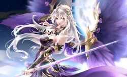 Rule 34 | 1girl, absurdres, artist request, bare shoulders, black dress, breasts, closed mouth, detached collar, detached wings, douluo dalu, dress, from side, hair ornament, highres, holding, holding sword, holding weapon, large breasts, long hair, looking at viewer, moon, night, qian renxue (douluo dalu), reverse grip, second-party source, smile, solo, sword, upper body, weapon, white hair, wings