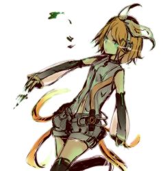 Rule 34 | 1girl, bad id, bad pixiv id, blonde hair, detached sleeves, elbow gloves, gloves, green eyes, hair ribbon, headphones, hinoki (tomatoxxx), kagamine rin, kagamine rin (append), leg warmers, ribbon, short hair, shorts, simple background, solo, thighhighs, vocaloid, vocaloid append