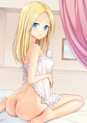 Rule 34 | 1girl, ass, barefoot, blonde hair, blue eyes, bottomless, breasts, covered erect nipples, dimples of venus, halterneck, indoors, lingerie, long hair, looking at viewer, looking back, medium breasts, n.g., on bed, original, own hands together, parted bangs, parted lips, ribbon trim, sitting, solo, underwear, underwear only, wariza