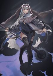 Rule 34 | 1girl, absurdres, arknights, belt boots, black footwear, black headwear, black nails, black thighhighs, blush, boots, breasts, capelet, circular saw, closed mouth, coat, commentary, commentary request, frown, full body, garter straps, grey capelet, grey coat, grey hair, habit, hair between eyes, head tilt, highres, holding, holding weapon, jewelry, knee boots, long hair, looking to the side, nail polish, necklace, nun, off shoulder, open clothes, open coat, pelvic curtain, red eyes, saw, shimamamauma, sidelocks, small breasts, solo, specter (arknights), thighhighs, turtleneck, weapon