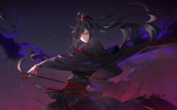 Rule 34 | 1boy, black hair, closed mouth, eyokiki, glowing, glowing eyes, hair over eyes, highres, long hair, long sleeves, looking at viewer, male focus, modao zushi, motion blur, ponytail, red eyes, smile, wei wuxian