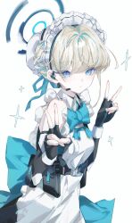 Rule 34 | 1girl, apron, black gloves, blonde hair, blue archive, blue bow, blue eyes, blue ribbon, bow, cropped legs, earphones, fingerless gloves, frills, gloves, halo, highres, looking at viewer, maid, maid apron, maid headdress, pouch, ribbon, simple background, sparkle, suimin (sui 0y0), toki (blue archive), v, white background