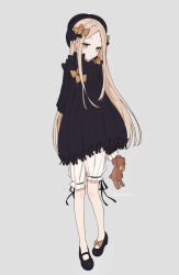 Rule 34 | 1girl, abigail williams (fate), arm behind back, black bow, black dress, black footwear, black hat, black ribbon, blonde hair, bloomers, blue eyes, bow, bug, butterfly, closed mouth, dress, expressionless, fate/grand order, fate (series), footwear bow, full body, grey background, hair bow, hat, highres, holding, holding stuffed toy, insect, long hair, looking at viewer, mary janes, multiple hair bows, orange bow, parted bangs, polka dot, polka dot bow, ribbon, shoes, simple background, sleeves past fingers, sleeves past wrists, solo, standing, stuffed animal, stuffed toy, sumi (gfgf 045), teddy bear, twitter username, underwear, very long hair, white bloomers