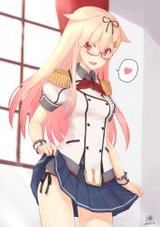 Rule 34 | 1girl, :d, alternate costume, artist name, bespectacled, black panties, black ribbon, blonde hair, blue skirt, blush, buttons, clothes lift, cosplay, curtains, dan (kumadan), dated, epaulettes, glasses, gradient hair, grey shirt, hair between eyes, hair flaps, hair ornament, hair ribbon, hairclip, heart, highres, indoors, jacket, kantai collection, kashima (kancolle), kashima (kancolle) (cosplay), kerchief, lifting own clothes, long hair, looking at viewer, multicolored hair, open mouth, panties, pleated skirt, puffy short sleeves, puffy sleeves, red-framed eyewear, red eyes, red neckwear, ribbon, semi-rimless eyewear, shirt, short sleeves, side-tie panties, side-tie peek, signature, skirt, skirt lift, smile, solo, spoken heart, under-rim eyewear, underwear, white jacket, window, wing collar, wrist cuffs, yuudachi (kancolle)