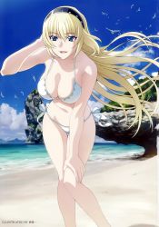 Rule 34 | 1girl, arm behind head, artist request, beach, bikini, bird, blonde hair, blue eyes, blue sky, breasts, cleavage, cloud, day, hairband, hand on own thigh, highres, irisdina bernhard, large breasts, leaning forward, long hair, looking at viewer, muv-luv, muv-luv alternative, non-web source, ocean, official art, open mouth, outdoors, rock, sand, scan, schwarzesmarken, seagull, side-tie bikini bottom, sky, solo, standing, swimsuit, very long hair, water, white bikini, wind