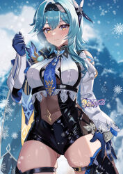 Rule 34 | 1girl, black hairband, black shorts, black thighhighs, blue gloves, blue hair, blue necktie, breasts, commentary request, cowboy shot, eula (genshin impact), felielle, genshin impact, gloves, gluteal fold, hairband, hand up, high-waist shorts, long hair, looking at viewer, medium breasts, necktie, outdoors, shirt, short shorts, shorts, solo, standing, thighhighs, thighs, white shirt, yellow eyes