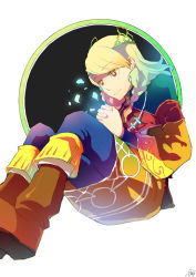 Rule 34 | 1girl, blonde hair, boots, braid, full body, own hands clasped, knee boots, lutea, lutea (star ocean), own hands together, pants, petals, red eyes, short hair, sitting, smile, so3fans, solo, star ocean, star ocean the last hope
