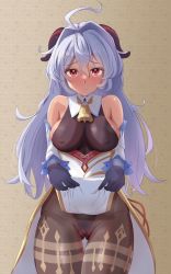Rule 34 | 1girl, ahoge, bare shoulders, bell, black leotard, blue gloves, blue hair, blush, bodystocking, bodysuit, breasts, brown legwear, cameltoe, clothes lift, cosplay, covered erect nipples, detached sleeves, ganyu (genshin impact), ganyu (genshin impact) (cosplay), genshin impact, gloves, gluteal fold, gold trim, groin, highres, horns, large breasts, leotard, leotard under clothes, lifting own clothes, long hair, looking at viewer, medium breasts, neck bell, original, pelvic curtain, pelvic curtain lift, purple eyes, pussy juice, pussy juice trail, solo, takenoko pengin, takepenn, thigh gap, thighlet, thighs, white sleeves