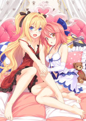 Rule 34 | 2girls, :d, bare legs, bare shoulders, barefoot, blonde hair, blue eyes, blush, breasts, bridal gauntlets, chemise, cleavage, elbow gloves, feet, fingerless gloves, frill trim, frills, gloves, hair between eyes, hair ribbon, highres, holding hands, indoors, knees together feet apart, long hair, looking at viewer, medium breasts, multiple girls, navel, on bed, open mouth, pink hair, ribbon, short hair, sitting, smile, strap gap, strap slip, stuffed animal, stuffed toy, teddy bear, tenkuu nozora, toes, two side up, white gloves, yellow eyes