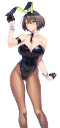 Rule 34 | 1girl, absurdres, animal ears, armband, azur lane, baltimore (azur lane), black gloves, black leotard, black neckwear, blush, breasts, brown hair, character name, cleavage, detached collar, fake animal ears, fishnet pantyhose, fishnets, gloves, halcon, half gloves, highleg, highleg leotard, highres, large breasts, leotard, looking at viewer, pantyhose, playboy bunny, rabbit ears, simple background, skindentation, solo, strapless, strapless leotard, white background, wrist cuffs, yellow eyes