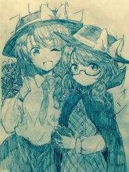 Rule 34 | 2girls, ;d, blush, bow, breasts, cape, closed mouth, collared shirt, commentary request, cowboy shot, efukei, glasses, hair bow, hat, hat bow, highres, holding, icosahedron, long hair, looking at viewer, low twintails, medium breasts, monochrome, multiple girls, necktie, one eye closed, open mouth, plaid, plaid skirt, puzzle, semi-rimless eyewear, shirt, skirt, skirt set, smile, touhou, traditional media, twintails, under-rim eyewear, usami renko, usami sumireko