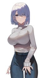 Rule 34 | 1girl, arm behind back, azur lane, blue hair, blue pants, blunt bangs, breasts, casual, chapayev (azur lane), chinese text, commentary request, cowboy shot, hair over one eye, large breasts, legs apart, long sleeves, looking at viewer, maanu, medium hair, open mouth, pants, parted bangs, parted lips, shirt, shirt tucked in, simplified chinese text, solo, standing, taut clothes, taut shirt, white background, white hair, ||/