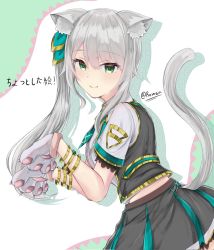 Rule 34 | 1girl, animal ear fluff, animal ears, animal hands, black skirt, black vest, bracelet, cat ears, cat paws, cat tail, collared shirt, gloves, green eyes, hair between eyes, hair ornament, highres, hizuki miu, jewelry, long hair, looking at viewer, multicolored clothes, multicolored skirt, necktie, paw gloves, paw pose, romaneiyou, shadow, shirt, side ponytail, signature, skirt, smile, solo, tail, triangle print, vest, virtual youtuber, wactor production, white hair, white shirt, wing collar